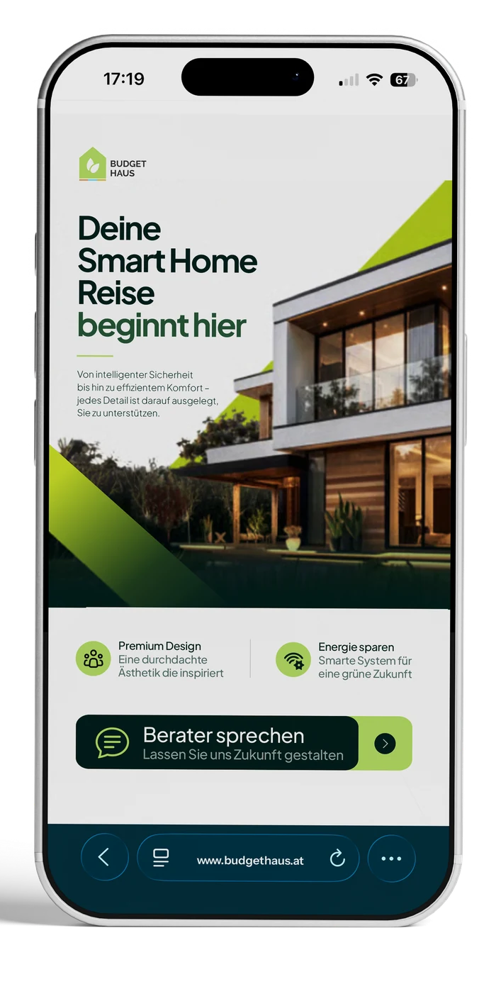 Marketing für Immobilien & Bauträger – qualifizierte Anfragen Website Budgethaus auf dem Smartphone – Startseite Smart Home