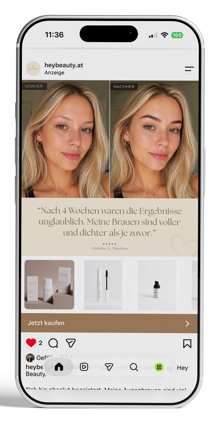 Meta Ads Agentur Instagram-Anzeige von Hey Beauty am iPhone – Meta Ads von NIKMEDIA