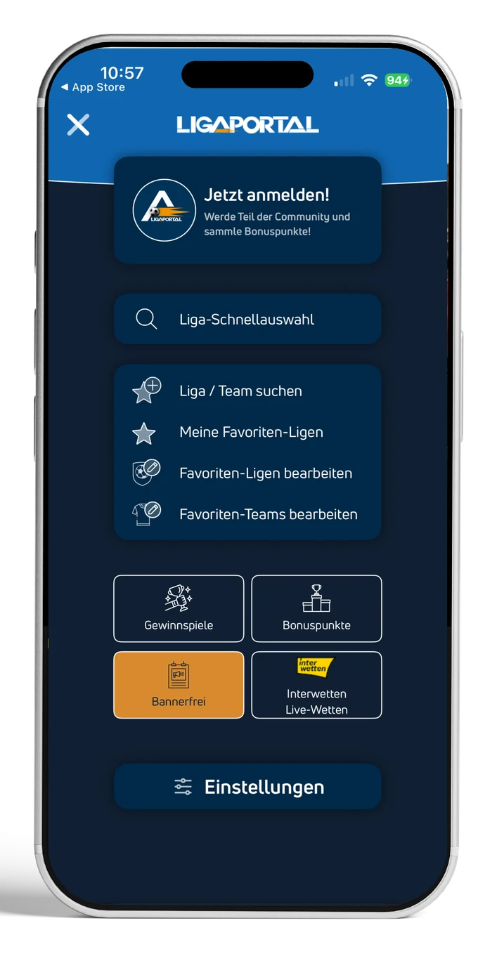 Ligaportal Ligaportal App am iPhone: Menü mit Liga-Schnellauswahl und Favoriten