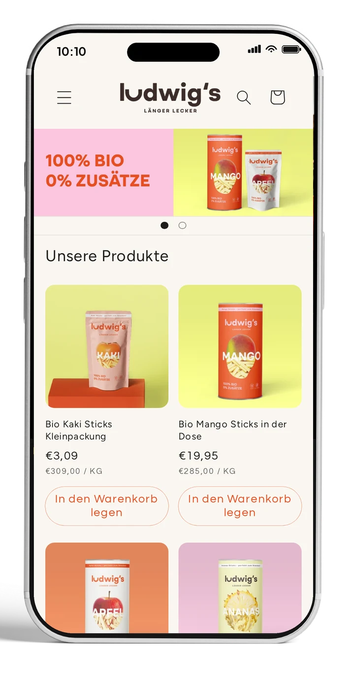 Marketing für regionale Marken & Produzenten Onlineshop BIO Ludwigs auf dem Smartphone