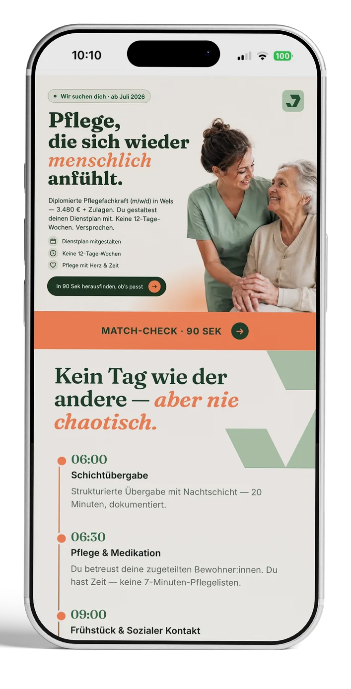 Planbare Anfragen Recruiting: Karriereseite Pflegefachkraft Seniorenresidenz Wels auf dem Smartphone